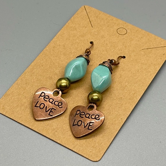 Turquoise boho  peace  & love heart brass charm drop earrings handmade - Picture 4 of 6